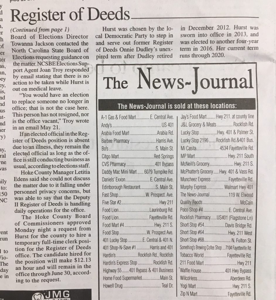 Register of Deeds MIA since January ( or November) Save Hoke